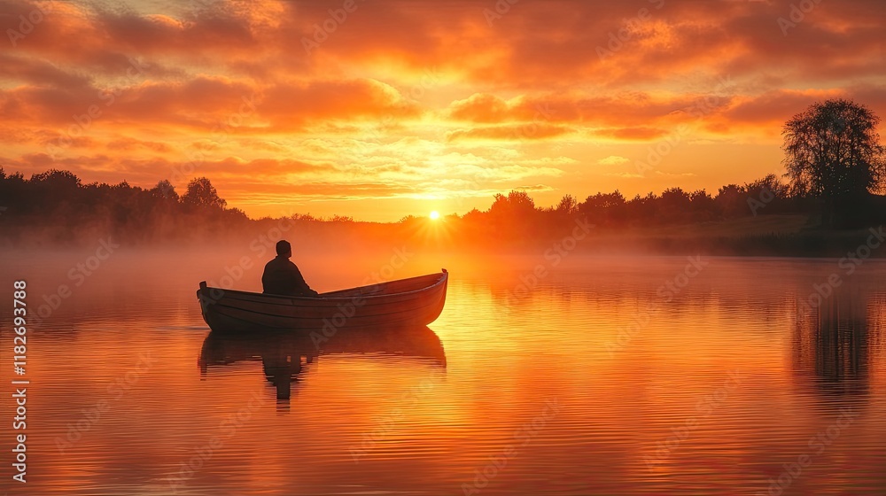 Wall mural Solitary Figure in Rowboat at Sunrise Over Misty Lake