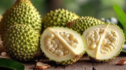 Closeup of spiky green fruit cut open revealing seeds