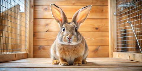 Adorable Giant-Eyed Bunny in Wooden Hutch - Cute Pet Rabbit Stock Photo
