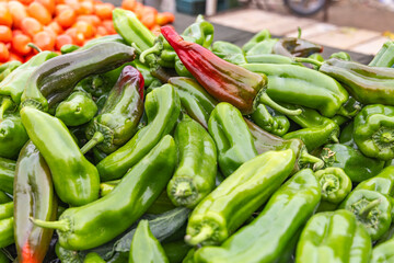 Sidi Bouzid, Tunisia. Fresh green chilis for sale at the outdoor souk in Bir al Haffay.