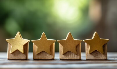 Set of five gold stars on wooden blocks as decorations or rewards.