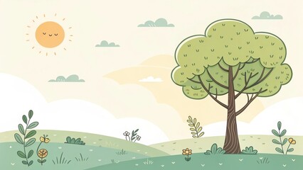 Fototapeta premium tree and sunny sky cute illustration background