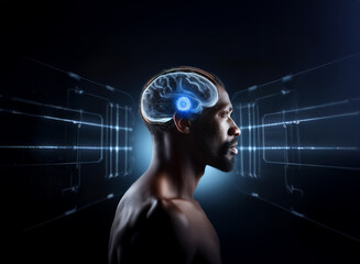 Profile view of a man's head with a translucent brain overlay, showcasing internal medical structures against a dark technological background.