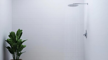 Minimalist white bathroom with cascading waterfall shower and soft textures