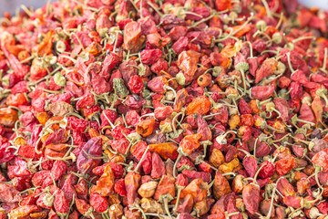 Sidi Bouzid, Tunisia. Dried red peppers for sale at the outdoor souk in Bir al Haffay.
