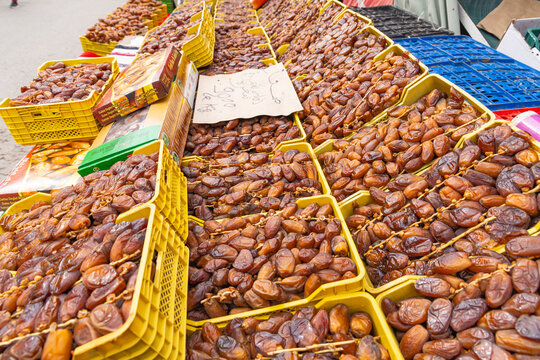 Sidi Bouzid, Tunisia. Dates for sale at the outdoor souk in Bir al Haffay.