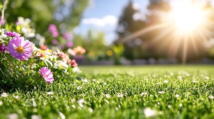 Fototapeta premium Vibrant flowers bloom in a lush green garden bathed in bright sunlight.