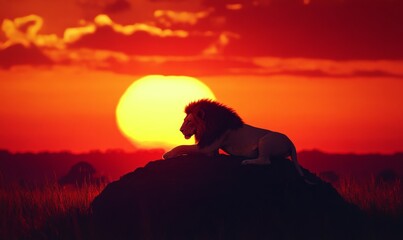 Naklejka premium Silhouette of a lion resting on a rock, the savanna stretching endlessly under a fiery red sunset