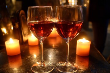 Two elegant glasses of red wine rest on a table surrounded by flickering candles, setting a tranquil mood in a dimly lit room perfect for intimate gatherings