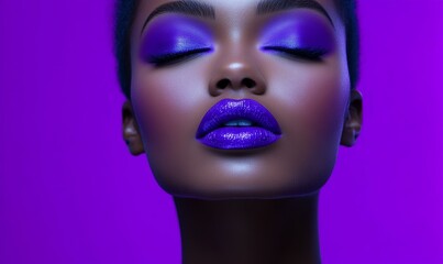Model with vibrant purple makeup on face and lips, showcasing skin texture and glossy finish.