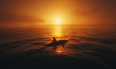 Silhouette of a shark swimming beneath a calm ocean surface with the sun casting dramatic rays into the water