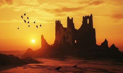 Obraz premium Silhouette of an ancient castle ruin with crows flying above, the setting sun casting long shadows across the ground