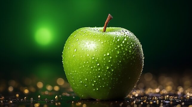 Fresh and vibrant green apple glistening with dew on a sparkling surface. Generative AI