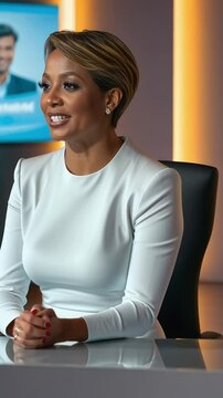Elegant tv host presenting news in modern studio