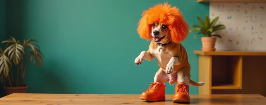 Dog in bright orange wig and oversized shoes dances on table, table dance, funny dog tricks, bright orange