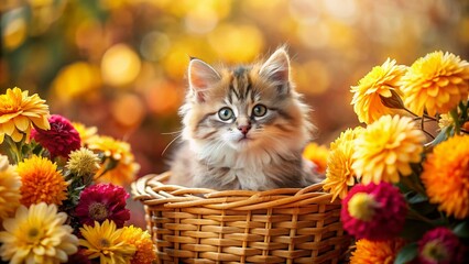Adorable Kitten Snuggling in Chrysanthemum-Filled Basket