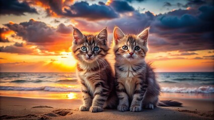 Obraz premium Adorable Kittens Watching Sunset on Sandy Beach - Low Light Photography