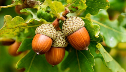 Close-up shot of three ripe acorns nestled amongst vibrant green oak leaves.  Perfect for autumnal themes, nature publications, or educational resources about botany.