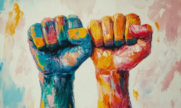 Multi-Colored Paint-Covered Fists Raised Against a Light Background