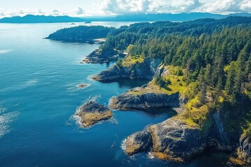 Majestic coastal landscape showcasing rugged cliffs and vibrant greenery under a brilliant sky