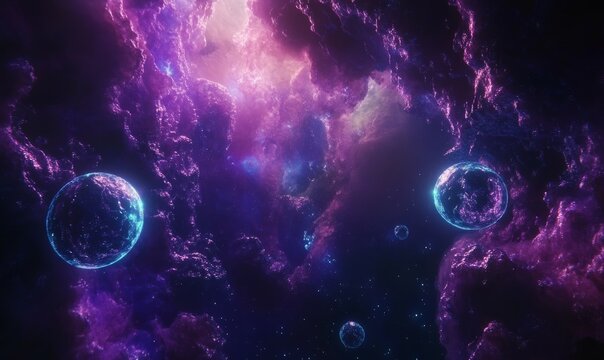 Mystical cosmic scene with glowing purple and blue nebula, floating orbs of energy, and a dark space backdrop