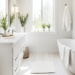Fototapeta premium Nature-inspired white bathroom with soft light and airy decor