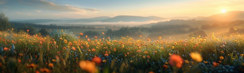 Naklejka premium Grassy field with wildflowers and mountains in the background, nature background, banner, copy space