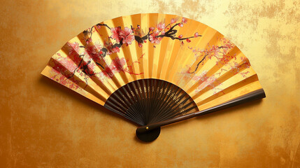 A gold traditional asian fan isolated on metallic gold background. Antique japanese or chinese fan with cherry blossom painting.