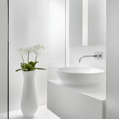 Fototapeta premium Sleek white bathroom with custom-cut glass partitions and a sculptural freestanding sink
