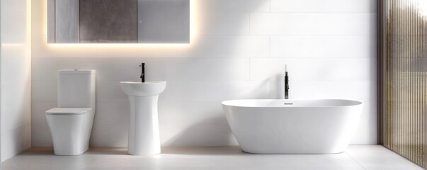 Fototapeta premium Sleek white bathroom with dramatic lighting and avant-garde fixtures