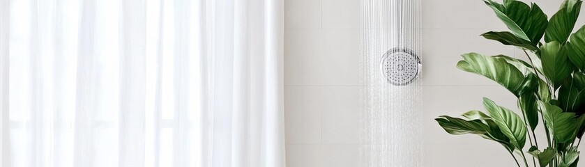 Obraz premium Sleek white bathroom with an open shower concept and waterfall showerhead