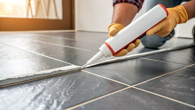 A worker applying sealant between floor tiles in a modern bathroom. A practical representation of home improvement, renovation, and precision work.