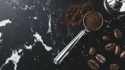 Dark Coffee Grounds and Beans on Marble Surface: A Rich and Aromatic Coffee Scene