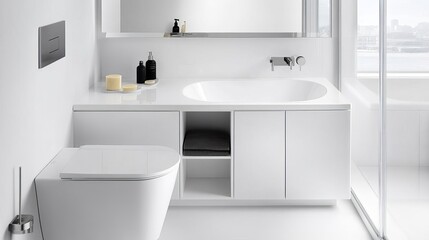 Fototapeta premium Small white bathroom with clever built-in storage and seamless design