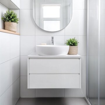 Small white bathroom with a floating vanity and compact storage solutions