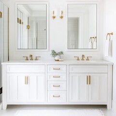 Spacious white bathroom with double vanities and brass accents