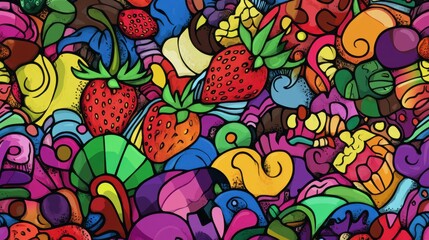 A Vibrant and Colorful Fruit Pattern Design with Delicious Strawberries and Sweet Treats