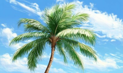Palm tree is shown with its leaves spread out, and the sky is blue with a few clouds. Concept of relaxation and tranquility, as the palm tree and the blue sky create a peaceful atmosphere