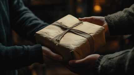 Obraz premium Wręczanie paczki kartonowej drugiej osobie