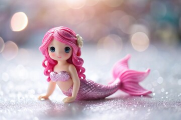 Fototapeta premium Adorable Pink Mermaid Toy, White Background, Tilt-Shift Photography