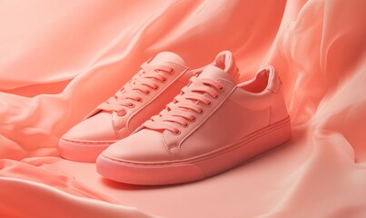 Peach Fuzz Panache: Trendy Sneakers on a Monochromatic Backdrop