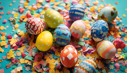 Obraz premium Vibrant hand-painted Easter eggs nestled amongst colorful confetti on a teal background. Perfect for spring celebrations, holiday cards, or Easter-themed designs. A cheerful and festive image.