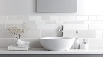 Fototapeta premium White bathroom featuring a custom tile mosaic and modern sink design