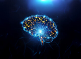 Abstract image of a glowing brain, representing neural connections and medical research.  The intricate network of light symbolizes complex thought processes.