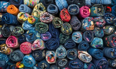 Pile of blue jeans with a variety of colors and patterns. The jeans are rolled up and stacked on top of each other