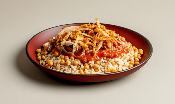 Delicious Kushari served on a dark red plate with tomato sauce and crispy onions against a muted ivory background