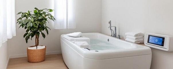 Fototapeta premium White bathroom with a self-cleaning tub and digital temperature control