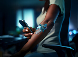 A person sits, using a smartphone, with a futuristic medical device applied to their arm.  The device glows with a blue digital pattern.