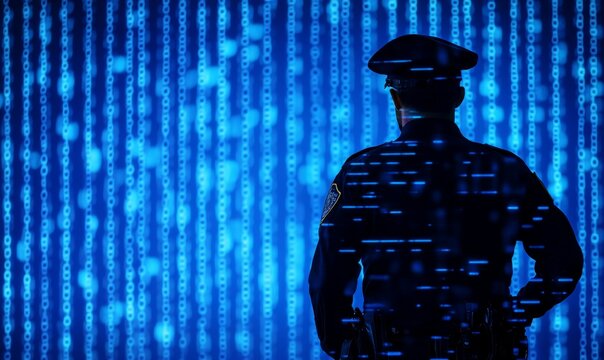 police officer silhouette against digital background symbolizes protection