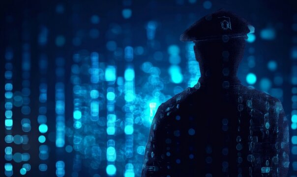 police officer silhouette against digital background symbolizes protection